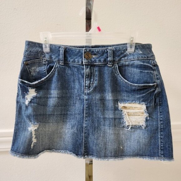 Elle Womens Stretch Blue Denim Mini Skirt Distressed Gold Sequin Detail - Picture 2 of 9